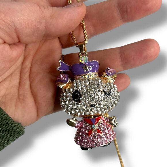 NEW Betsey Johnson Crystal Mouse Sailor Pendant Necklace Pink Purple Gold - Picture 1 of 11